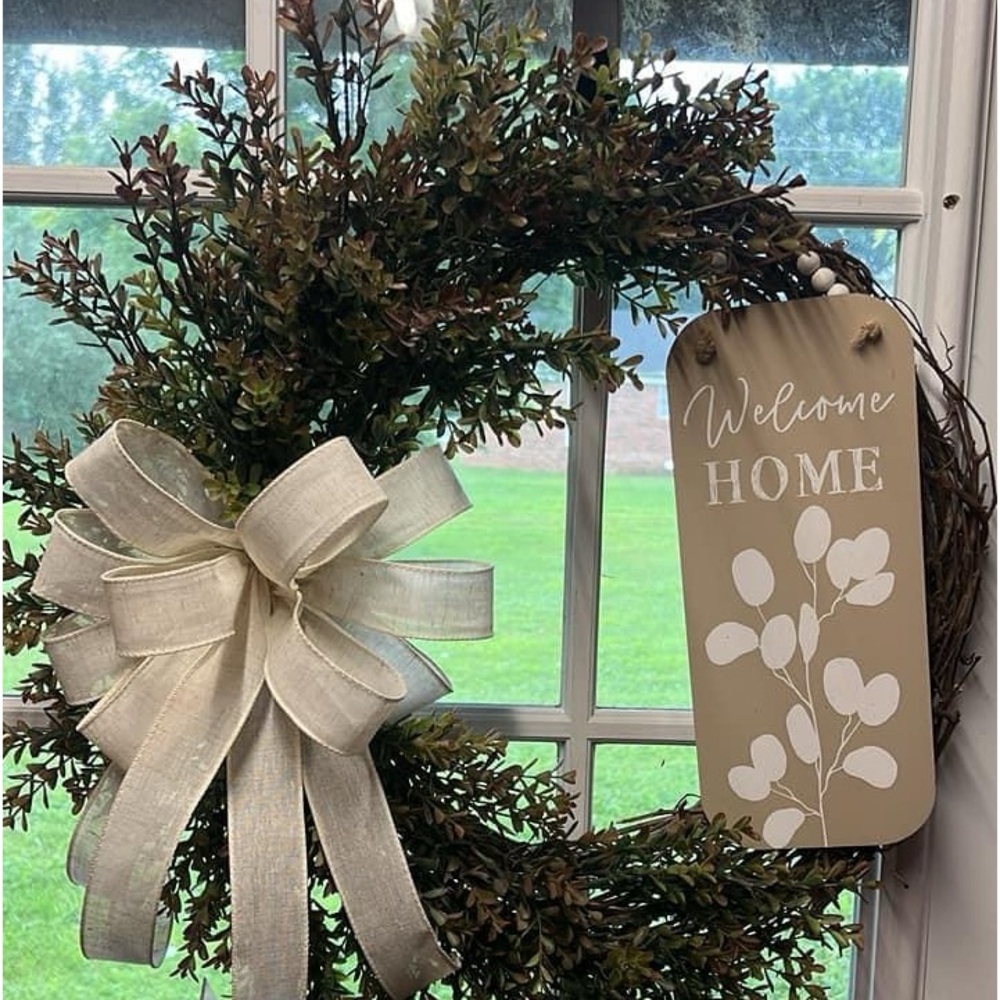 “Welcome Home” grapevine wreath.